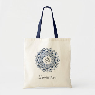 Om Mandala Lotus Naam Navy Blauwe Yoga Yogi Dames Tote Bag