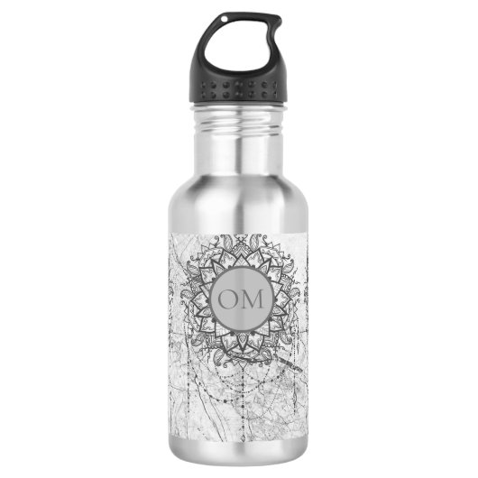 OM Mandala op Zilver Marmer Waterfles (Voorkant)