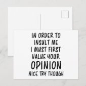 Om Me Te beledigen Grappige Zin Sarcasme Grap Briefkaart (Voorkant / Achterkant)