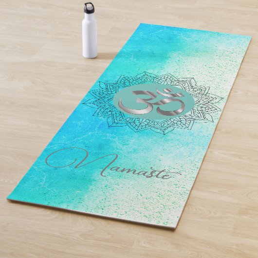 OM Namaste Lotus Mandala op Gespikkelde Turquoise Yogamat (In situ)