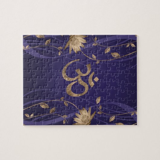 Om Symbol Golden Lotus Flowers op paars Legpuzzel (Horizontaal)