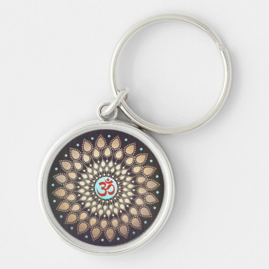 OM Symbool Gouden Lotus Mandala Hout Kijk Turquois Sleutelhanger (Voorkant)
