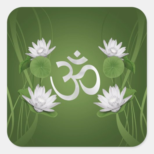 Om Symbool met Lotus bloemen op groen Vierkante Sticker (Voorkant)