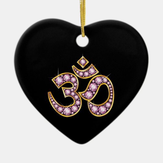 Om Symbool met "Roos Quartz" Stones Keramisch Ornament (Voorkant)