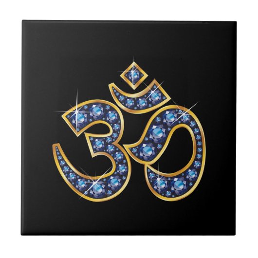 Om Symbool met "Sapphire" Stones Tegeltje (Voorkant)