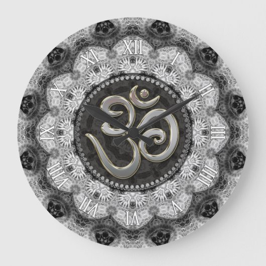 OM-symbool Yoga Black White Lace Mandala Clock Grote Klok (Voorkant)