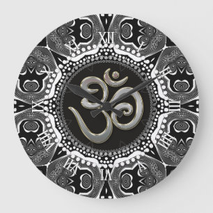 OM-symbool Yoga Black White Tribal Mandala Clock Grote Klok