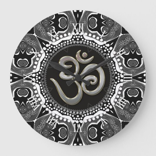 OM-symbool Yoga Black White Tribal Mandala Clock Grote Klok (Voorkant)