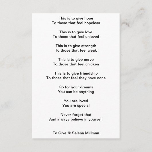 "Om te geven" gedicht Informatiekaartje (Voorkant)