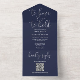Om Te Hebben En Te Houden QR-code Huwelijk Blauw All In One Uitnodiging
