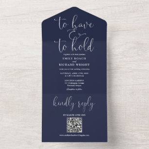 Om Te Hebben En Te Houden QR-code Huwelijk Blauw All In One Uitnodiging