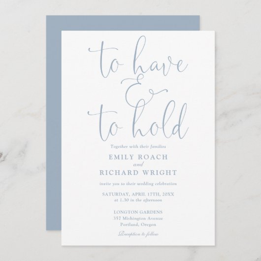 Om te hebben en te houden Script Dusty Blue Weddin Kaart (Voorkant / Achterkant)