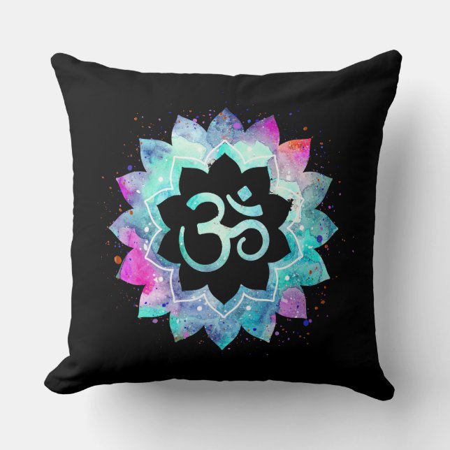 *~* Om Waterverf Aum Turquoise Blue Magenta zwart Kussen (Voorkant)