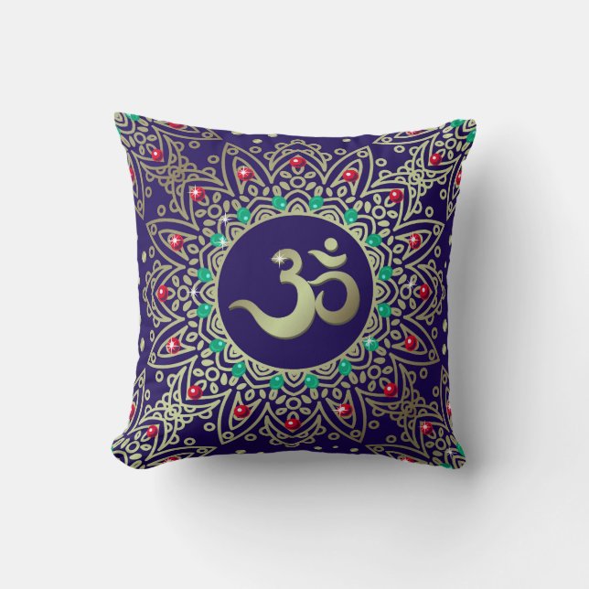 Om Yoga Symbool Mandala Blauw Rood Blauwgroen Kussen (Voorkant)