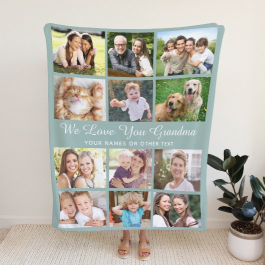 Oma 12 Fotocollage Sage Green Fleece Deken