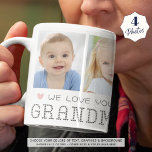 Oma 4 Foto's Roze Harten Grijs Koffiemok<br><div class="desc">Deel de liefde met een oma elke keer dat ze een kopje koffie of thee pakt met deze aangepaste foto-mok met 4 afbeeldingen, je aangepaste bericht (getoond met WE LOVE YOU) en de titel GRANDMA in harten gespeld in je keuze van tekst, afbeeldingen en achtergrondkleuren (weergegeven in grijs met roze...</div>