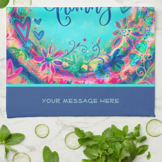 Oma Blauw  Bloemen Harten Gepersonaliseerd Theedoek (Gevouwen)