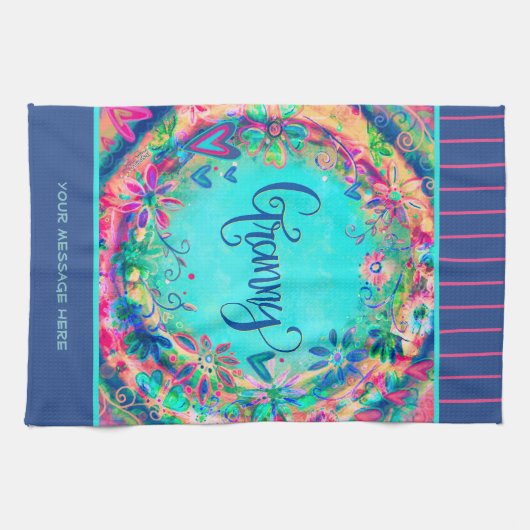 Oma Blauw  Bloemen Harten Gepersonaliseerd Theedoek (Horizontaal)