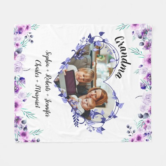Oma bloem hart met kleinkinderen namen & foto fleece deken (Voorkant (Horizontaal))