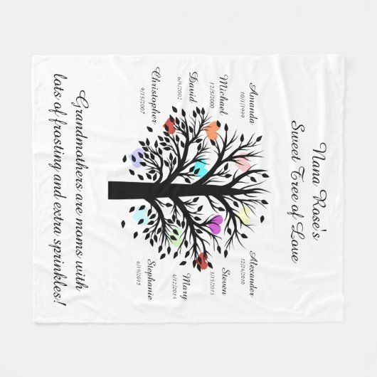 Oma Boom (hart), Zwart/wit 8 Namen en Data Fleece Deken (Voorkant (Horizontaal))