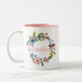 Oma Brush Script Typografische Bloemenkrans Tweekleurige Koffiemok (Links)