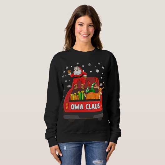 Oma Claus Red Truck Santa Reindeer Elf Kerstmis Trui (Voorkant volledig)