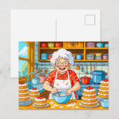 Oma die pannenkoeken bakt illustratie feestdagenkaart (Voorkant / Achterkant)