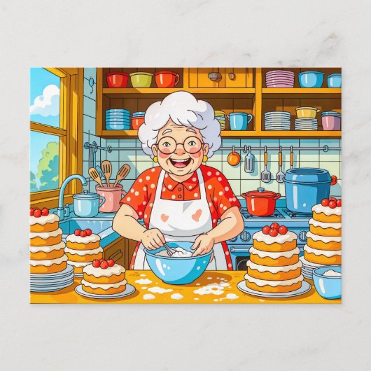 Oma die pannenkoeken bakt illustratie feestdagenkaart (Voorkant)