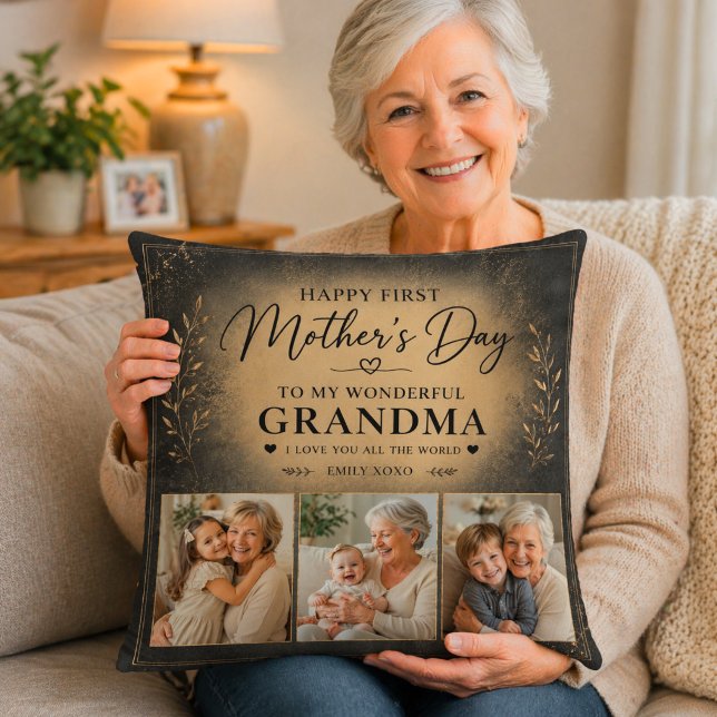 Oma eerste moederdag elegant zwart goud kussen (Creator heeft geüpload)