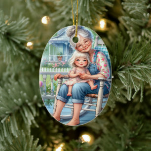 Oma en kleindochter omhelzen elkaar op de veranda keramisch ornament