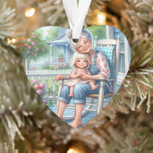 Oma en kleindochter omhelzen elkaar op de veranda ornament