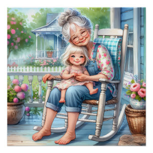 Oma en kleindochter omhelzen elkaar op de veranda perfect poster