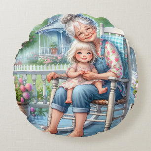 Oma en kleindochter omhelzen elkaar op de veranda rond kussen
