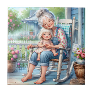 Oma en kleindochter omhelzen elkaar op de veranda tegeltje