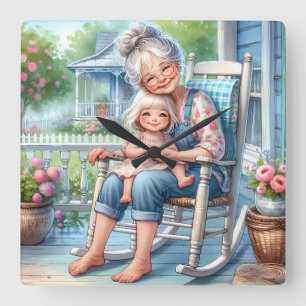 Oma en kleindochter omhelzen elkaar op de veranda vierkante klok