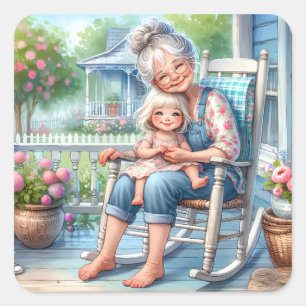 Oma en kleindochter omhelzen elkaar op de veranda vierkante sticker