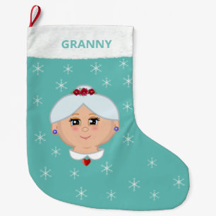 Oma en sneeuwvlokken op licht teal grote kerstsok