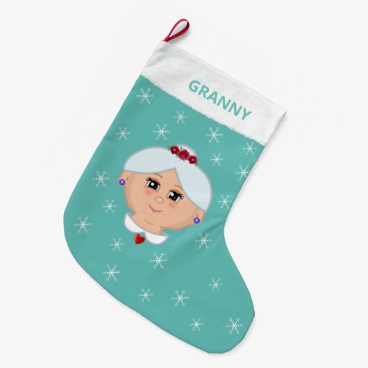 Oma en Snowflakes op licht Blauwgroen Grote Kerstsok (Voorkant (Hangend))