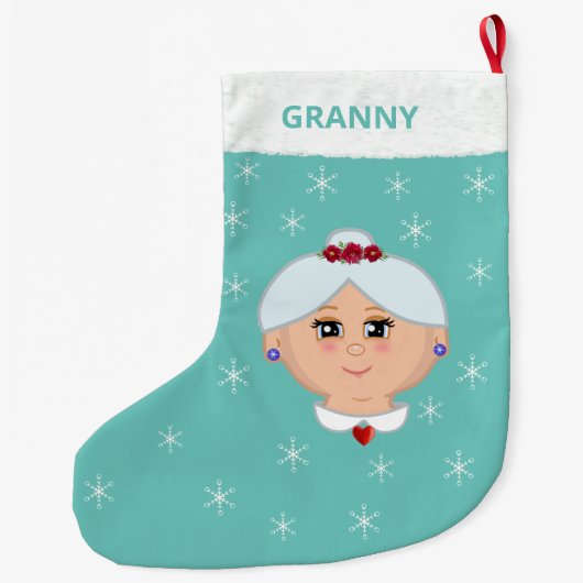 Oma en Snowflakes op licht Blauwgroen Grote Kerstsok (Achterkant)