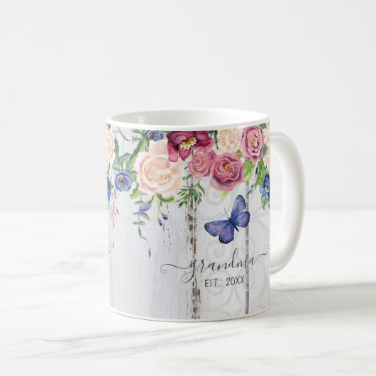 Oma estabedde Bourgogne Floral Rustic Wood Koffiemok (Voorkant rechts)