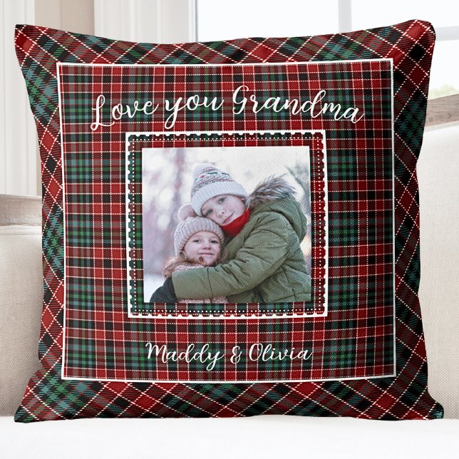 Oma Familiefoto Rustic Plaid Kussen (Grandma Holiday Christmas Grandkids Photo Throw )
