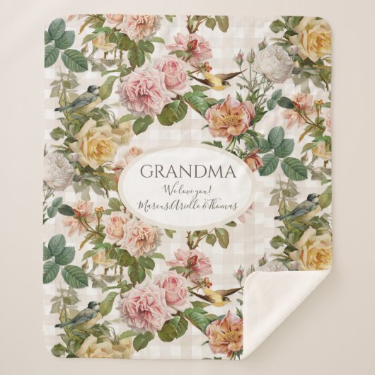 Oma  Floral Pink Yellow Rose n Birds Sherpa Deken (Voorkant)