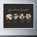Oma Flower Garden Custom 4 Naam  Bloemen Poster<br><div class="desc">Deze oma's Garden Flower en Grandkids Name Custom Sierkussen is een heerlijke mix van charme en gepersonaliseerde warmte. Dit aangepaste kussen is de perfecte aanvulling op het oase van elke grootmoeder en brengt de schoonheid van een botanische tuin direct in haar huis. Met een prachtige bloemillustratie die de essentie van...</div>