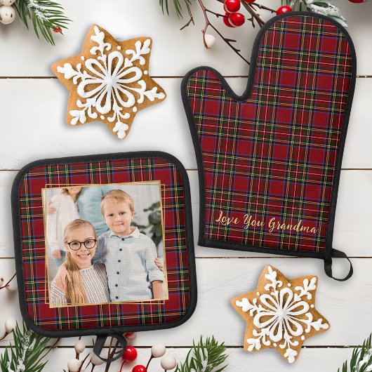 Oma Gepersonaliseerde Foto Goud Kerstspel Ovenwant & Pannenlap Set