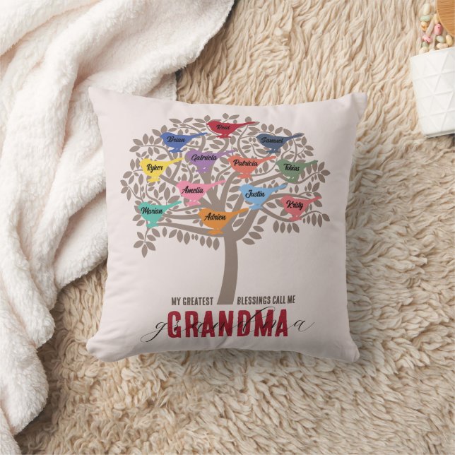 Oma Gift Grandchildren Names Tree 12 vogels Thans Kussen (Deken)