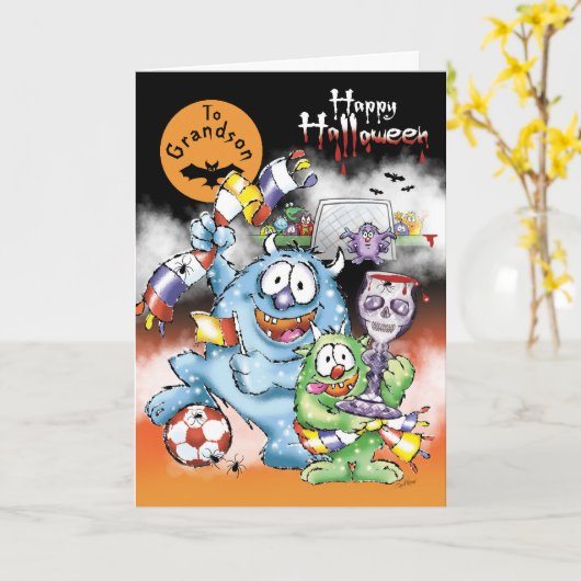 Oma, Halloween Monsters, met voetbal Kaart (Gele Bloem)