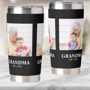 Oma heeft stout zwart 3 foto gevestigd geïsoleerde drinkbeker