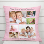 Oma houdt van je roze foto kussen<br><div class="desc">Geniet grootmoeder met deze aangepaste meerfotocollage kussen. Je kunt je personaliseren met zes familiefoto's van kleinkinderen, familieleden, huisdieren, enz., je kunt de expressie aanpassen aan "I Love You" of "We Love You", en of ze "Grandma", "Nana", "Mommom" enz. wordt genoemd, en de namen van kleinkinderen of kleinkinderen toevoegen, allemaal in...</div>