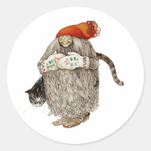 Oma Kerstmis Tomten met grijze kat Ronde Sticker (Voorkant)