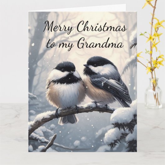 Oma Kerstwensen & Liefde Chickadee Vogel Kaart (Gele Bloem)